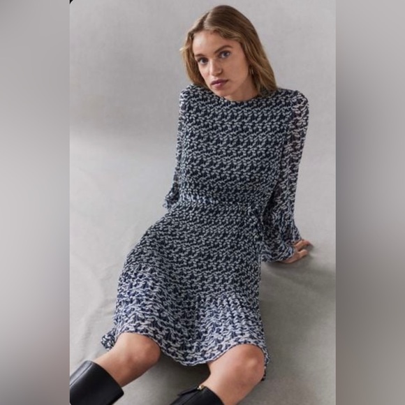 Boden Long Puff Sleeve Plisse’ Belted A-line Mini Dress French Navy Poppy Vine - Picture 12 of 12